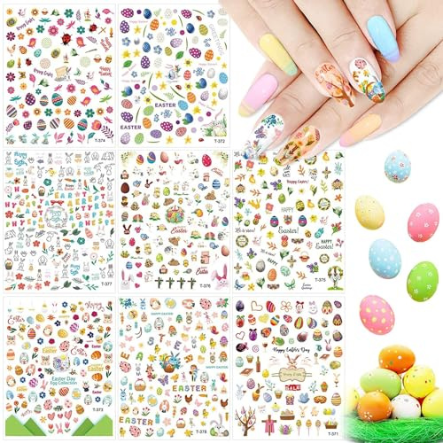 8 Blatt Nail Art Sticker Set, Kalolary Ostern selbstklebende Nagelsticker mit Ostern Theme für Frauen, Mädchen, Kinder, perfekt für DIY Nagelstudio
