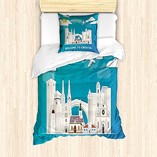 ABAKUHAUS Kroatien Bettbezug Set für Einzelbetten, Sehenswürdigkeiten und Welcome Text, Milbensicher Allergiker geeignet mit Kissenbezug, 135 cm x 200 cm - 80 x 80 cm, Mehrfarbig