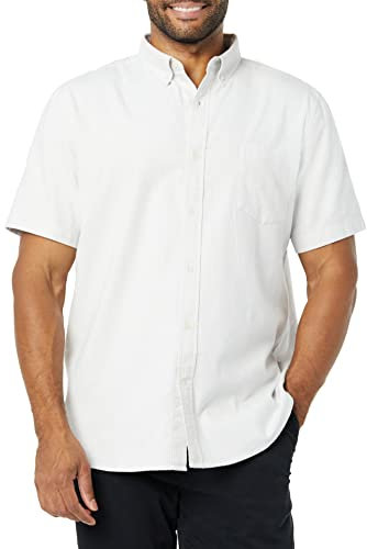 Amazon Essentials Men's Slim-Fit Short-Sleeved Stretch Oxford Shirt with Pocket, Light Grey Vertical Stripes, M