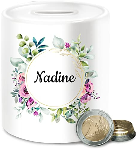 Spardose - Boho - Dein Name in Blumenkranz - Unisize - Weiß - personalisierte sparbüchse kinderspardose Bohemian spardosen chic Stil Geburtsgeschenk individuell Keramik personalisierter Bedrucken