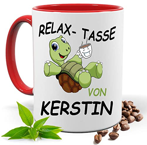 Relax Tasse mit Namen | Lustige bedruckte Tasse mit Schildkröte & Spruch | Personalisiert | Geschenk Idee| Kaffee Tee Tasse | Fototasse, Motivtasse | Kaffeetasse, Teetasse |Keramik (Rot)
