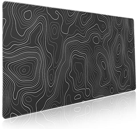 Grand tapis de souris pour gaming motif lignes de carte topographique, dos antidérapant en caoutchouc et bords cousus, noir, taille XXL, 90 x 40 cm