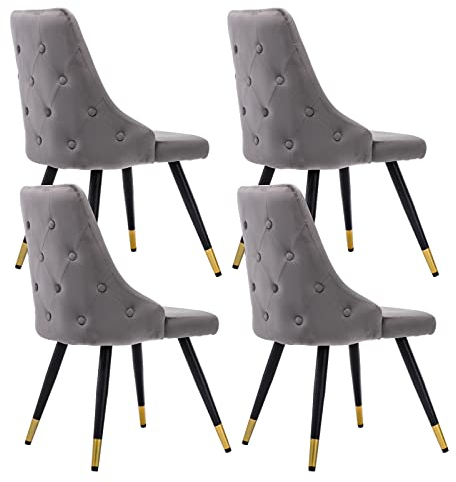 Wahson Esszimmerstühle 4er Set, Küchenstuhl aus Samt, Polsterstuhl mit Metallbeine, Wohnzimmerstuhl mit Rücklehne, Knopfgetuftete Sessel für Esszimmer/Küche, Grau