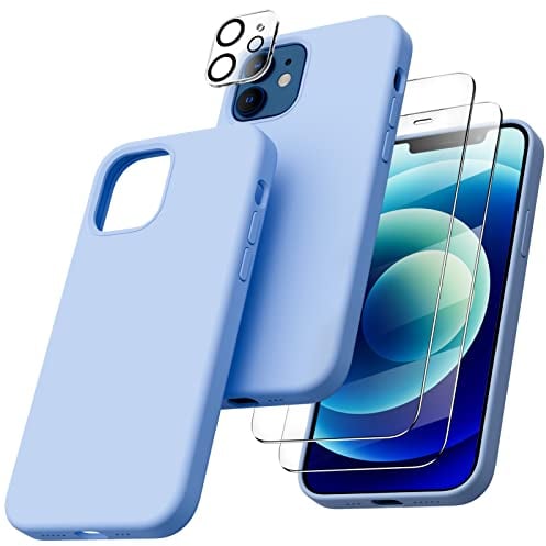 ORNARTO 5-in-1 für iPhone 12/12 Pro 6,1 Silikon Case mit 2 x Schutzfolie + 2 x Kameraschutz, Hülle Ultra Dünne Flüssig Silikon Handyhülle Schutz für iPhone 12 Pro/iPhone 12(2020) 6,1 Zoll Hellblau