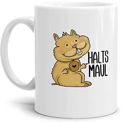 Tassendruck Tasse mit frechem Motiv - Hamster zeigt Mittelfinger Halts Maul - Geschenke für Freunde und Kollegen zum Geburtstag, Weihnachten | Spruch-Tasse Weiß, 300ml