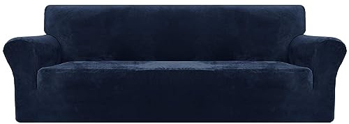 XINEAGE Samt Sofaüberzug 4 Sitzer, Stretch Sofa überzug für Wohnzimmer, Dicke Weiche Sofaüberwurf, Rutschfester Sofa Cover für Hunde, Haustiere (4 Sitzer, Dunkelblau)