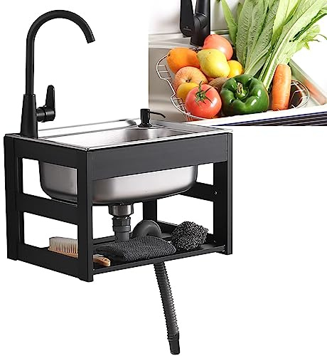 Fregadero De Cocina Flotante Montado En La Pared Fregadero Comercial De Un Solo Tazón, Lavadero Pila Exterior Forma De R Esquina Redonda Con Grifo Mezclador Frío/Calor, Para Interior Exterior
