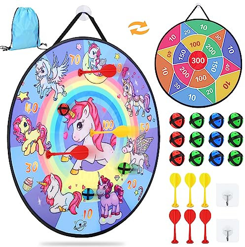 26 Inches Double-sided Foldable Kids Dart Board Set, Maomaoyu Velcro Dart Board for Party Garden Games for Kids with 12 Velcro Balls, Outdoor Toys & Presents for 5 6 7 8 9 10 11 Year Old Boys, Unicorn