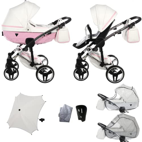 Junama Diamond Candy V3 2in1 3in1 4in1 Kinderwagen Kinderwagen Autositz ISOFIX + Regenschirm Exclusive Kinderwagen (2in1 mit Adaptern, Weiß-Rosa 01)
