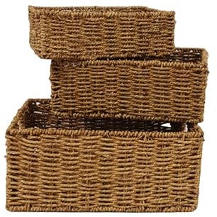 simpa Seagrass Woven Shelf Storage Basket Hamper Set - 3PC Small, Medium & Large Set - Nested Storage Design