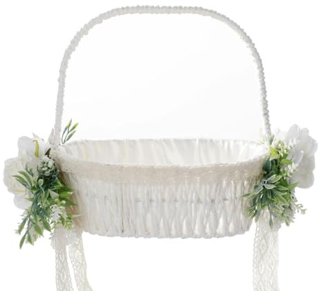 ZHDOKA Weißer Blumenmädchen-Korb mit Griff aus Künstlichen Rosen, Kunststoff-Rattan-Hochzeits-Blumenmädchen-Korb, Leerer Geschenkkorb, Dekorativer Aufbewahrungskorb für Zuhause, Garten, Foto-Requisite