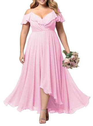 Élégante robe de demoiselle d'honneur grande taille avec fente à épaules dénudées en mousseline de soie avec poches, rose bonbon, 52