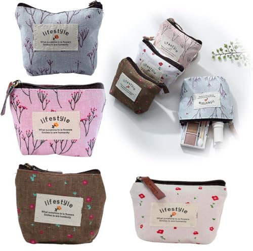 Porte-Monnaie en Lin Fleuri - 4 Pièces Mini Pochette pour Ranger Petits Cosmétiques et Objets Éparpillés