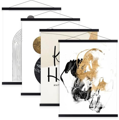 Benjia 4 Pack A4 Poster Frame Frames, Magnetic Light Wood Wooden Poster Hangers Hanger Hanging Kit for Canvas Artwork Art Print (21cm / 8.3, Black, 4 Packs)