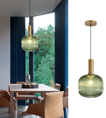 Tropibed Industrielle Vintage Pendelleuchte, e27 Glas Hängelampe, Lampenschirm aus Gestreiftem Glas Retro Deckenleuchte Hängelampe für Esszimmer Schlafzimmer Küchen Kronleuchter (Grün, 20cm)