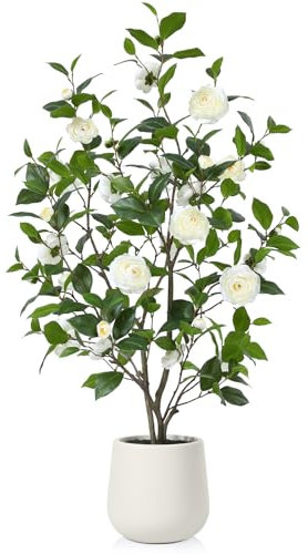 Fopamtri Camélia Artificiel de 120 cm Plantes Artificielles Interieur avec 30 Fleurs, Fausse Plante en Blanc Pot pour Maison Chambre Bureau Balcon Jardin Déco (Blanc)