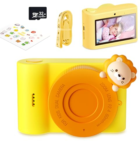 Kinderkamera, Touchscreen Kamera, 48MP 1080P Digitalkamera Kinder, WiFi & USB fotoapparat mit 32GB SD Karte, Jahre Jungen und Mädchen (Gelber Löwe)
