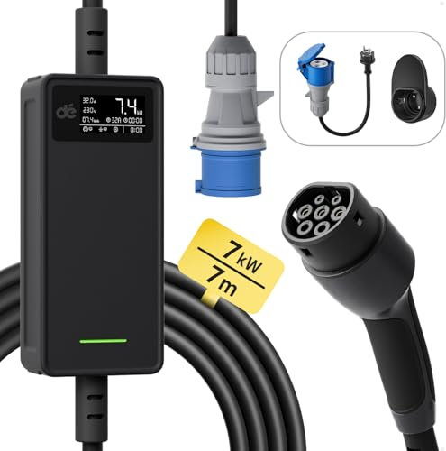 dé Cavo Ricarica Auto Elettrica Tipo 2 CEE 7,4kW [7m | Monofase| 6-32A] Carichino Auto Elettrica Tipo 2 con LCD Controllo Digitale Compatibile con Model 3/Y, e-208, Fortwo, EX30, Q4 e Altri EV/PHEV