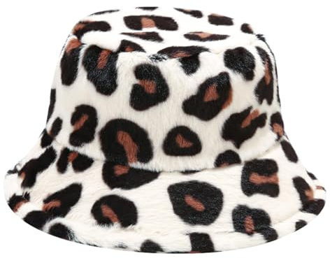 KRUIHAN Mütze Damen Winter Flauschige Leopardenmuster Fischermütze Fellmütze Damen Geschenke für Frauen,Weiß