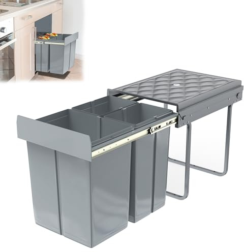 YRHome Einbau Mülltrennungs-System Abfallsortierer 3 Herausnehmbare Abfallsammler Tandemusziehbarer mit Teleskopschienen für Küche Grau 48x34x42cm 2x10L+1x20L