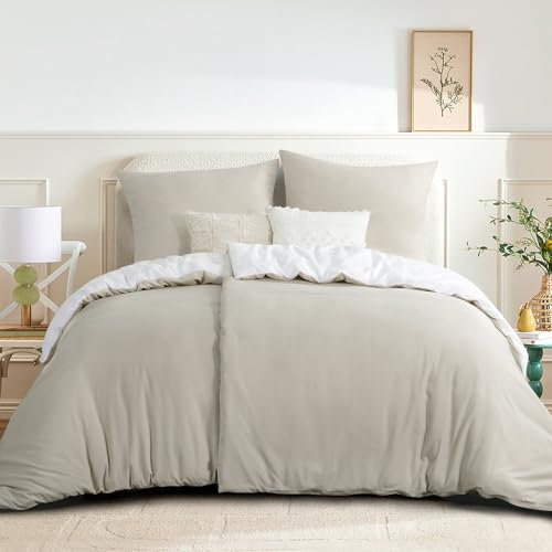 RUIKASI Bettwäsche 135x200 4teilig Beige - Wendebettwäsche 135 x 200 2er Set, Bettbezüge 135x200cm aus Weich und Bügelfrei Mikrofaser mit Reißverschluss, Flachs und Weiß
