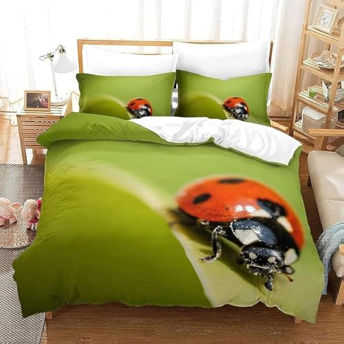PUOJIEAT Bettwäsche 140x200 Marienkäfer Weich Mikrofaser Bettwäsche-Sets Marienkäfer Bettbezug mit 2 x Kissenbezug 80x80 cm 3D Bettzeug Set w7377