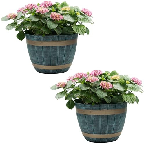 Gr8 Garden Set Of 2 Large Blue Rustic Wood Style Wooden Effect Plastic Half Barrel Cask Planter 38cm Patio Flower Plant Pot Tub