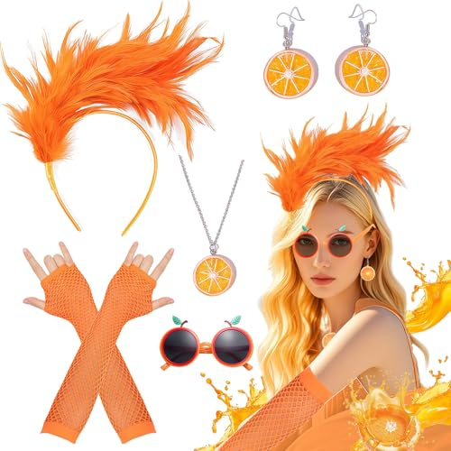 Charfia Orange Faschingskostüme Damen Zubehör Obst Damen Kostüm Fasching Kostüm Accessoires, Haarreif Ohrringe Sonnenbrille Halskette Netzhandschuhe Orange Karnevalskostüm