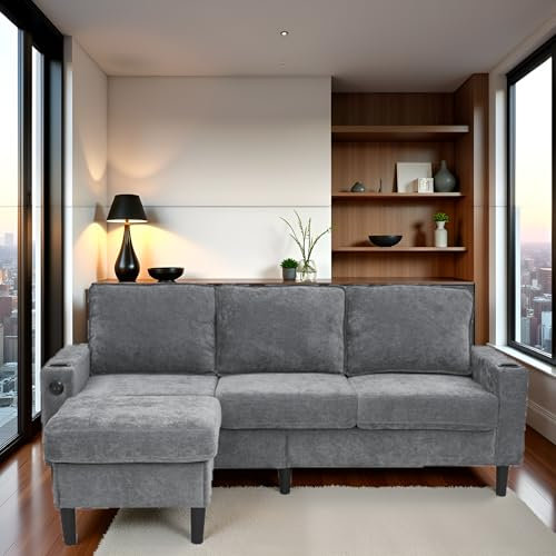 LANTRO JS Corner Sofa, L Shaped Sofa, 3 Seater Sofa with USB and Cup Holder, Sofa 3 Seater Living Room with 2 Side Pockets, Grey