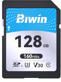 Biwin SD160 SD Card 128GB, SDXC Memory Card for Camera, Up to 160 MB/s Read Speed, 4K UHD, UHS-I Class 10 U3 V30 SD 3.0 Card, Shock & Water Resistance