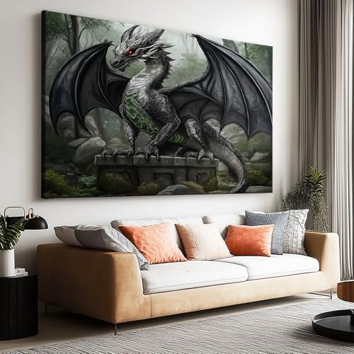 Leinwand-Wandkunst 140x70 cm ungerahmt- Anime Fantasie Dunkler Drache Leinwandbild Kunstdruck Groß XXL für Wohnzimmer Schlafzimmer Wandbilder Canvas Desing Dekoration