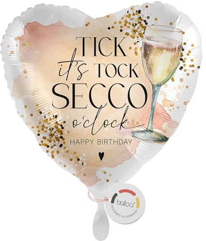 balloa Herzballon Tick Tock Secco oclock, XXL Folienballon, 53 cm | Elegantes Sektglas-Design mit Spruch, Herzform, XXL, heliumgeeignet, ungefüllt, stilvolle Geburtstagsdeko für Frauen