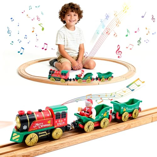 Battery Trains for Wooden Track, Electric Train for Wooden Track Set with 1 Santa Claus Doll and 2 Carriages 1, with Lights, Music, Train Set for 3 Year Old Boys