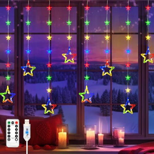 Isisyu Christmas Star Window Lights, 2M 48 Stars 80 LED Curtain Fairy Lights with Remote, Timer, 8 Modes, Dimmable, USB Powered String Lights for Window, Bedroom, Party, Christmas Decorations