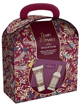 Tesori d'Oriente, Byzantium Set Regalo da Viaggio, Include Profumo Aromatico 100 ml, Crema Corpo Idratante 75 ml, e Pochette Elegante, Fragranze Preziosa e Fiorita dalle Note Calde e Durevoli