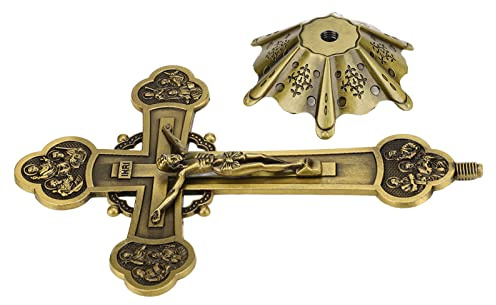 Baxnore Vintage Metal Crucifix Ornament Standing Holy Cross Statue with Base Catholic Religious Home Decor Gift for Table Shelf Fireplace Decoration (Bronze)