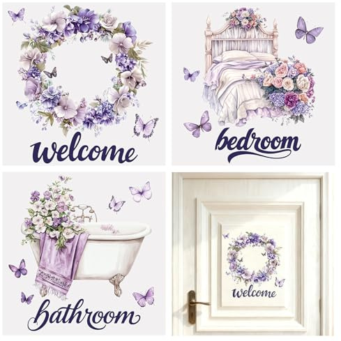 WANDIC 3 Bögen violette Blumen- und Schmetterlings-Aufkleber, UV-DTF-Aufkleber, Türspruch-Aufkleber, Möbelaufkleber, wasserdichte Transfers, Fensteraufkleber für Glas und Bastelarbeiten, 29 x 29 cm
