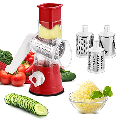 CROWNSHOP Rotary Cheese Grater Handheld Vegetable Slicer 3 Drum Blades | Stainless Steel Food Shredder 3 blades with rotating handle multi function cutting for cheese vegetables carrots Red