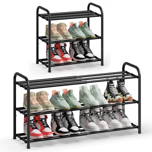 SONGMICS Zapatero Extensible, Organizador de Zapatos Ajustable, Resistente y Duradero, para Armario, Entrada y Sala de Estar, 3 Niveles, Negro Tinta LMR036BD01