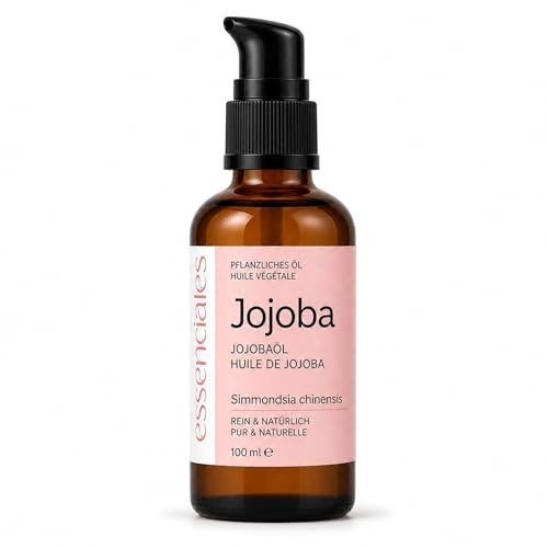 ESSENCIALES Aceite de Jojoba 100 Puro y Natural, Orgánico, Prensado en Frío - Equilibra el Sebo, Anti Imperfecciones - Aceite para Pelo, Piel, Uñas - Organic Jojoba Oil - Botella Vidrio y tapón serum
