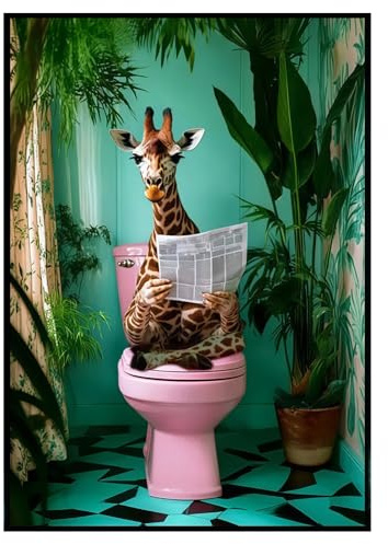 GZYYANG Lustige Giraffe auf Toilette Wandbild, 30x40cm Rahmenlos | Ölleinwand Kunstdruck, WC Badezimmer Dekoration, Witzige Wanddeko für Gäste WC & Bad, Einfache Montage ohne Bohren