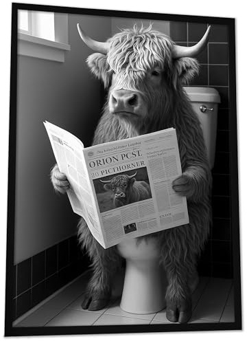 JUHMI Lustiges Tierposter Bad Highland Kuh auf Klo – Bild Gäste WC schwarz weiß, WC Dekoration modern, Wandbild
