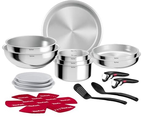Tefal Ingenio Comfort Max, Batterie de cuisine 19 pièces, Acier inoxydable | Ensemble de poêle et casserole induction empilables - Batterie de cuisine avec Poignées amovibles brevetées