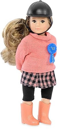 LORI 45715 Puppe Felicia, 15cm, Lange Blonde Haare, Blaue Augen, ab 3 Jahren, Stehpuppe, beweglich, weicher Körper, Reiterin, Reithelm, Schleife, Pferd