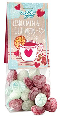 Eisblumen und Glühweinherzen, süße Bonbons in einem hübsch verpackten Naschbeutel, 80 Gramm, tolles Winter-Design, eine schöne Aufmerksamkeit in der kalten Winterzeit