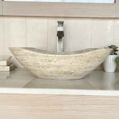 Lujoso lavabo de mármol pulido para baño, forma ovalada de canoa, piedra 100% natural, tallada a mano, bandeja de jabón a juego libre (Tan Travertino), mármol de piedra, piedra travertino