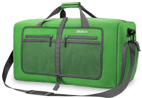Bekahizar Travel Duffle Bag 60L Lightweight Foldable Holdall Duffels Large Weekend Overnight Bag Packable Carry On Luggage with Shoe Compartment for Men Women Camping Storage Gym Beach (Dark Green)