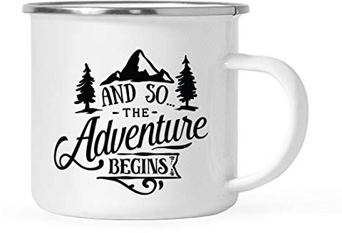 Andaz Press 11oz. Stainless Steel Camping Coffee Mug Gift, And So The Adventure Begins Mug, 1-Pack, Birthday Christmas Outdoors Wedding Metal Enamel Camping Mug Camp Coffee Mug Adventure Time Mugs