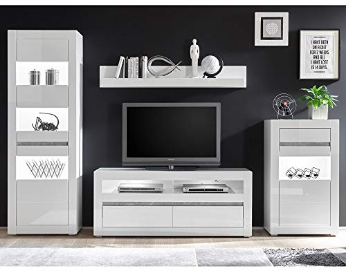Lomadox Wohnwand in Weiss Hochglanz mit Griffmulden in Betonoptik inkl. LED