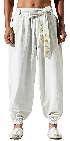 HAORUN Pantalon de kung fu chinois pour homme - Blanc - Medium